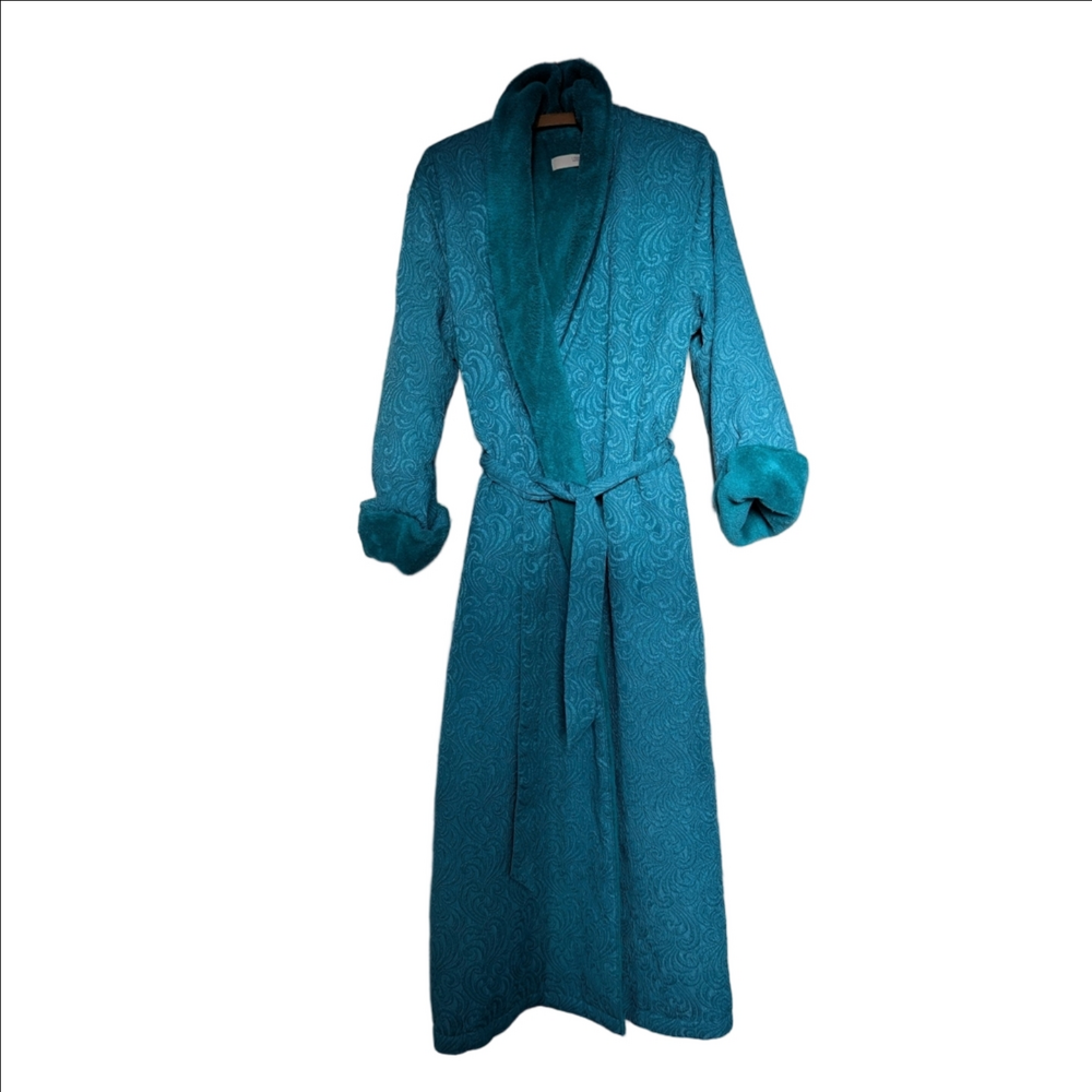 🩵 L.Magnin S Robe Long Vintage Teal Luxurious Hollywood Cozy Tie Belt Jaquard